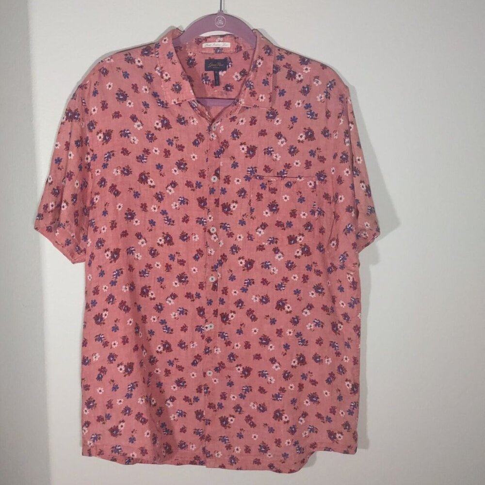 Good Man Brand Men's Linen Camp Shirt Deep Pink Floral Short Sleeve Size XL